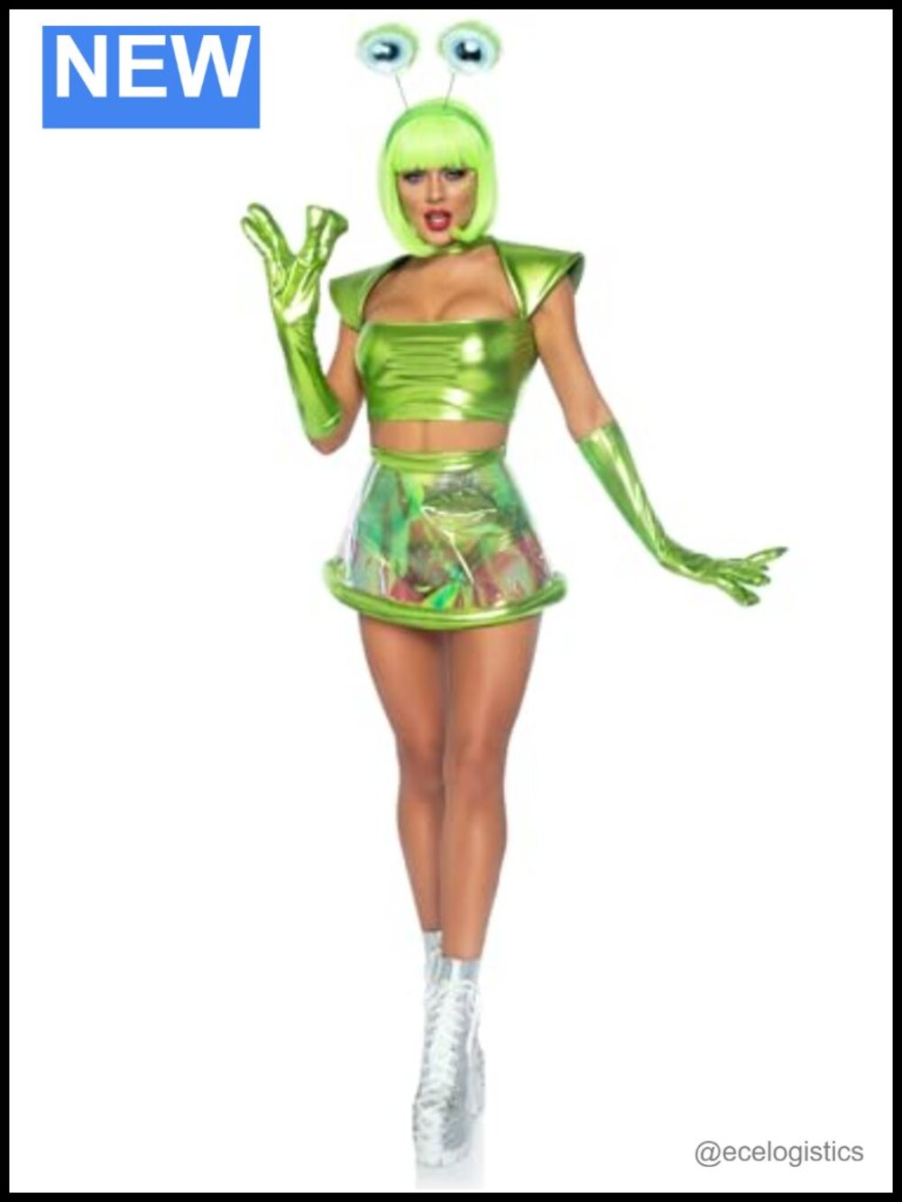 Alien Halloween Costume 5pc Set Crop Top Skirt Gloves Headband Sequin Women's